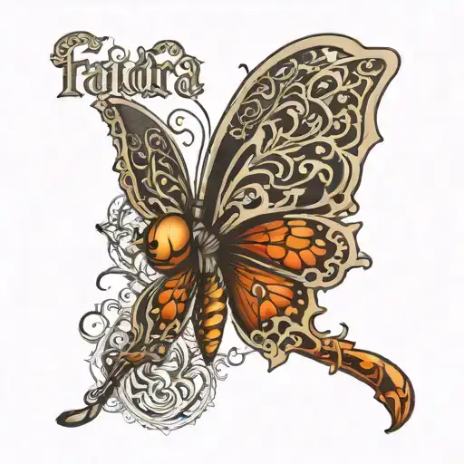 type the word "Faidra" in gothic letters. include a butterfly and a wasp. tattoo design idea