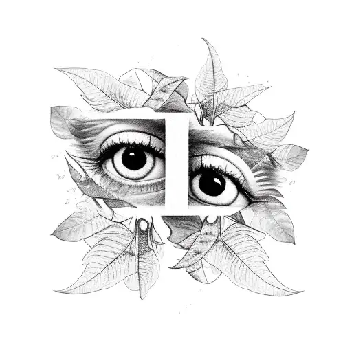 Big eyes with dilated pupils, surrounded by leaves of salvia divinorum, pods of datura, magic mushrooms tattoo design idea