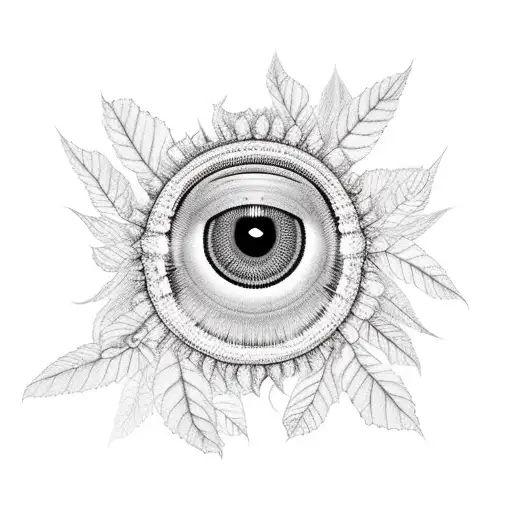 Big eyes with dilated pupils, surrounded by leaves of salvia divinorum, pods of datura, magic mushrooms tattoo design idea