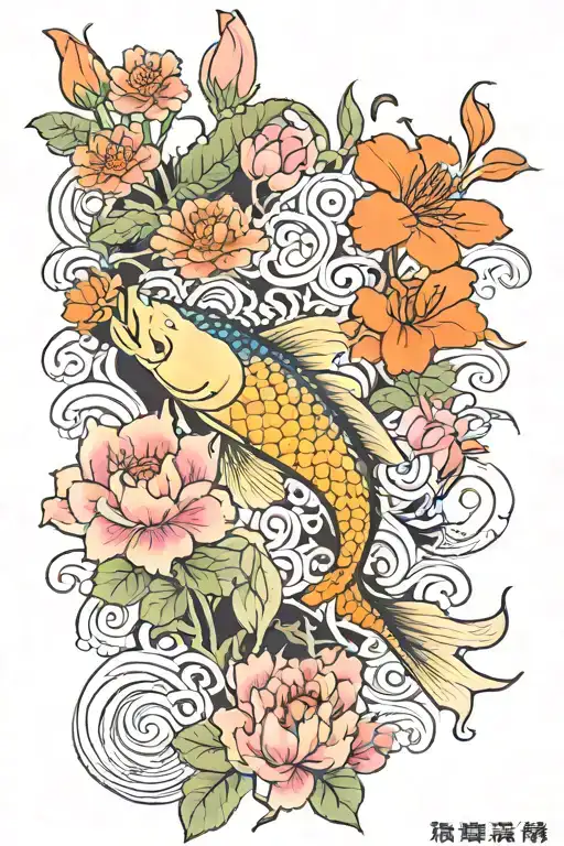 Japanese style tattoo with koi fish, pink carnation, orange hibiscus, waterlily, daylily tattoo design idea