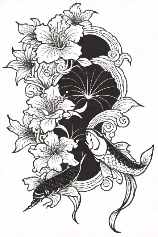 Japanese style tattoo with koi fish, pink carnation, orange hibiscus, waterlily, daylily tattoo design idea