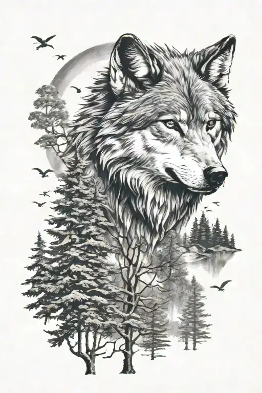 Wolf + hawk + trees  tattoo design idea