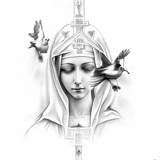 holy mary with 2 doves and the word's forever at last 2004-2023 tattoo design idea