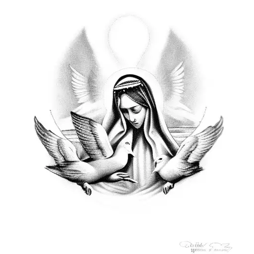 holy mary with 2 doves and the word's forever at last 2004-2023 tattoo design idea