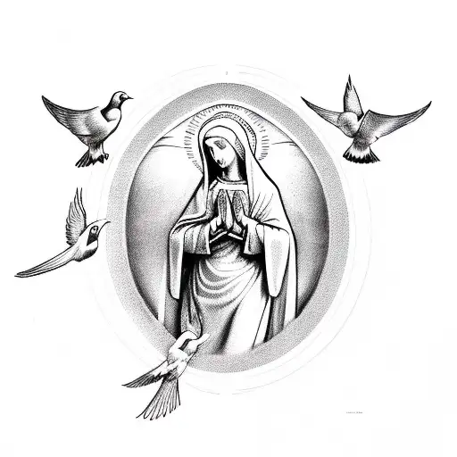 virgin mary, 2 doves and the word's forever at last 2004-2023 tattoo design idea