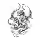 dragon spitting fire saying Morla tattoo design idea