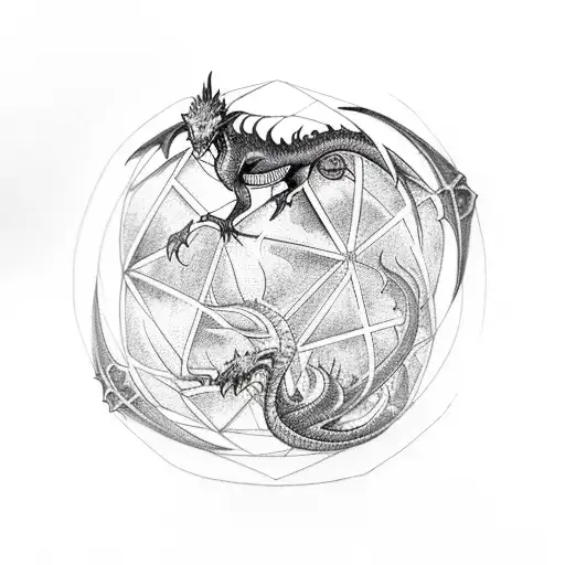 full body of a gothic dragon resting on top of a geodesic sphere  tattoo design idea