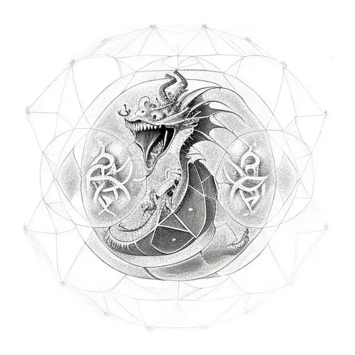 Figment from Disney designed as a gothic dragon on top of a giant silver geodesic sphere tattoo design idea