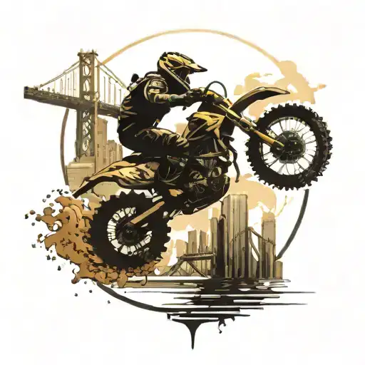 dirt bike jumping, bridge, city skyline tattoo design idea