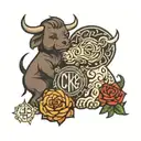 Best friends, crypto, same core values. Include initials CMK bull bear tattoo design idea