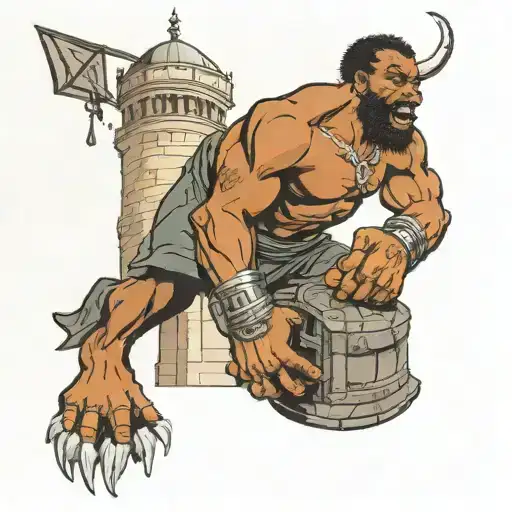 African Samson taking down the tower  tattoo design idea