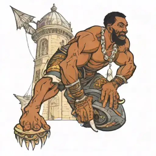 African Samson taking down the tower with gentiles   tattoo design idea