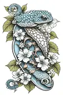 camino shell, hydrangea flower, gecko crawling tattoo design idea