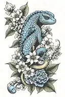 camino shell, hydrangea flower, gecko crawling tattoo design idea