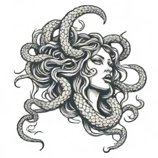 Medusa head with 2 extra snakes beside her with there mouth open and fangs out  tattoo design idea