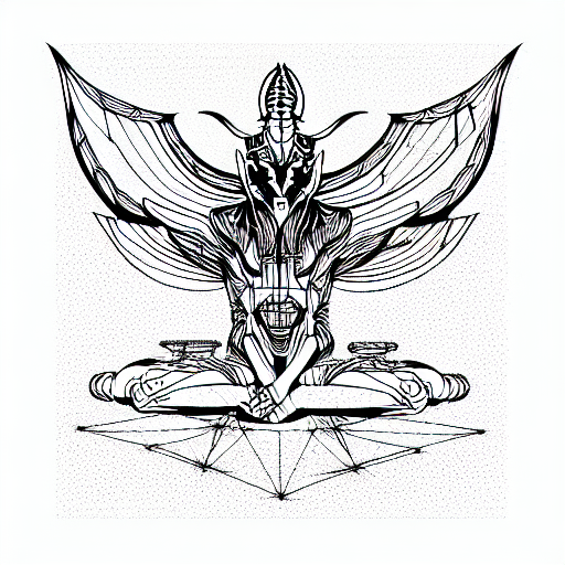 a giant mechanical rigid robotic baphomet in the lotus position tattoo design idea