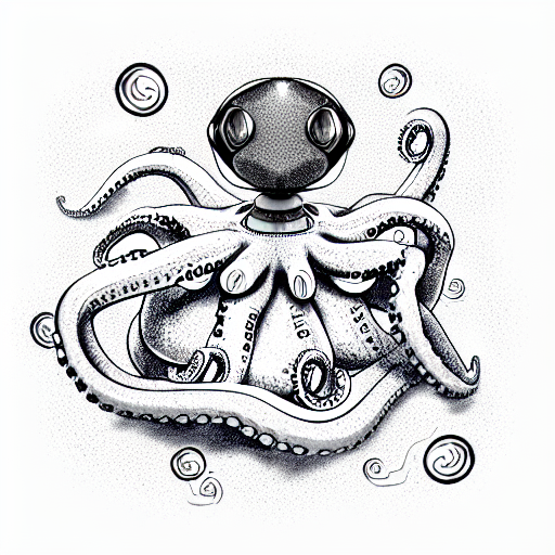 an optimistic robotic octopus meditating, sparkling eyes, peaceful, looking cute tattoo design idea