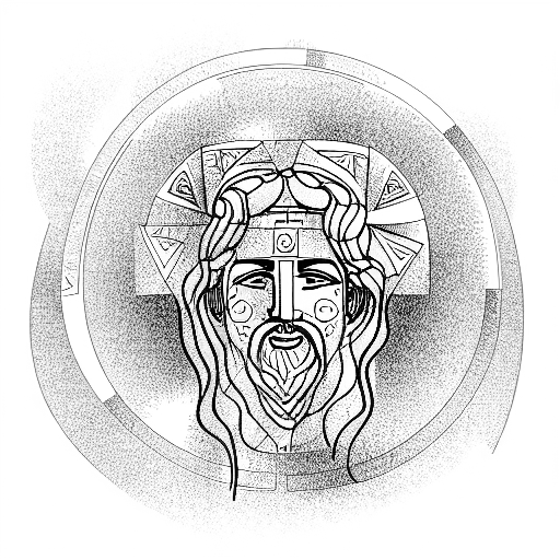 a large language model disguised as a greek oracle, portrait, smiling face tattoo design idea