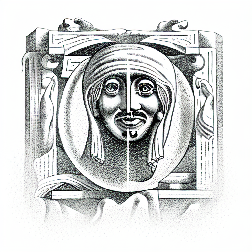 a large language model disguised as a greek oracle, portrait, smiling face tattoo design idea