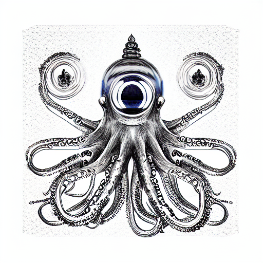 a robotic octopus buddha, sparkling eyes tattoo design idea