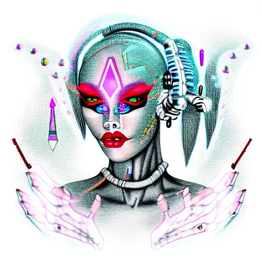 a cyborg travesti crafting spells to invoke the AI gods  tattoo design idea