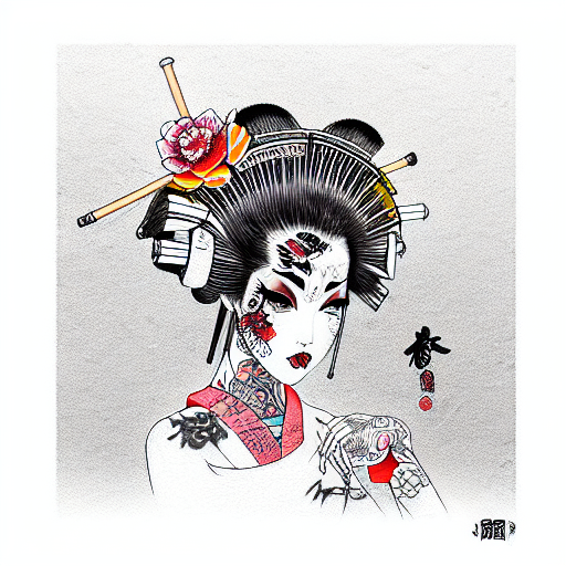 punk rock mechanical geisha tattoo design idea