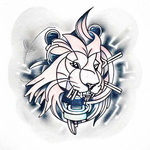 cybernetic lion eating a robot hare tattoo design idea