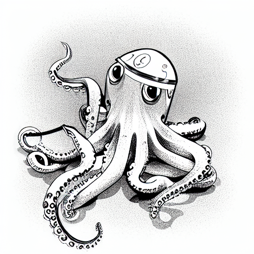 an optimistic robotic octopus meditating, sparkling eyes, peaceful tattoo design idea