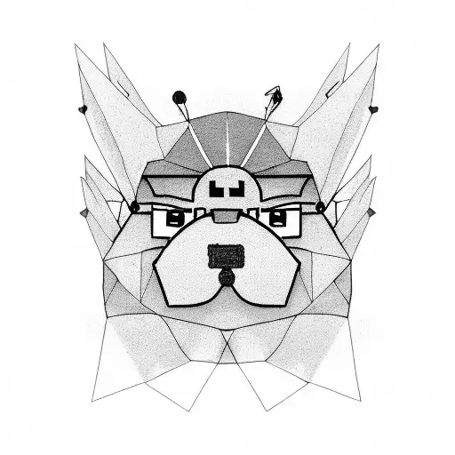 a minimalist geometric portrait of the french philosopher Foucault cosplaying as Tux (the linux mascot) tattoo design idea