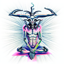 a giant mechanical rigid robotic baphomet in the lotus position tattoo design idea