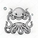 an optimistic robotic octopus meditating, sparkling eyes, peaceful tattoo design idea