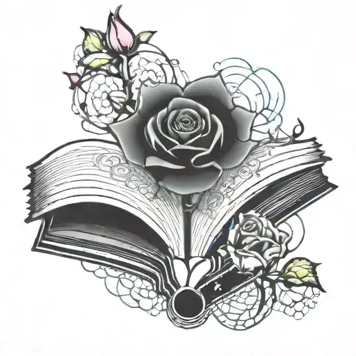 an open book growing a rose tattoo design idea