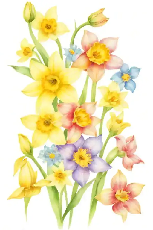 bunch of flowers with daffodil, waterlily and forget-me-not tattoo design idea