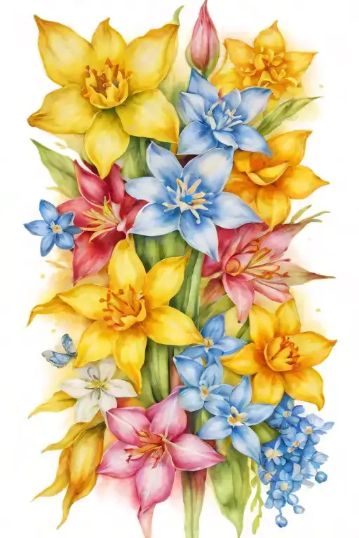 bouquet of flowers with daffodil, waterlily and forget-me-not tattoo design idea