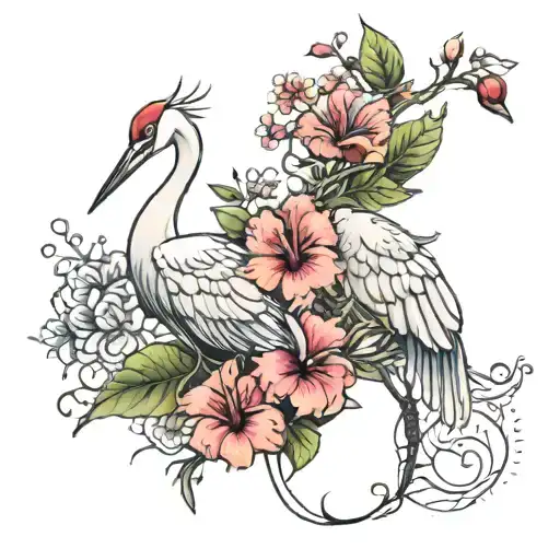 Two cranes in love.. With hibiscus flowers and cherry blossoms in between  tattoo design idea