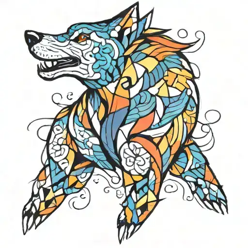 A new-school tattoo of a colorful puzzle pattern forming the shape of a howling wolf tattoo design idea