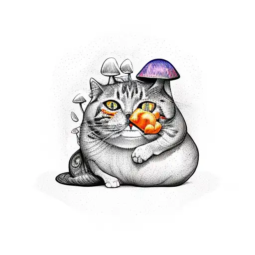 mushroom with a orange cat in front of it  tattoo design idea