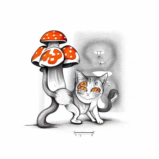 mushroom with a orange cat in front of it  tattoo design idea