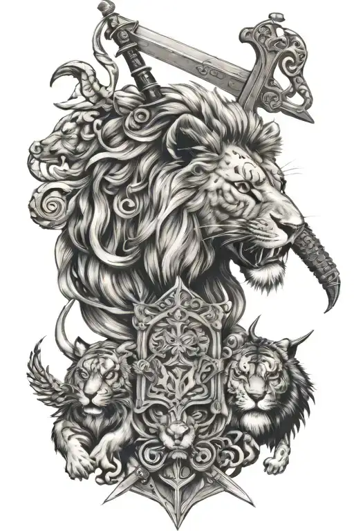 A collage of historical military symbols intertwined with biblical references, featuring lions, tigers, swords, and guns tattoo design idea