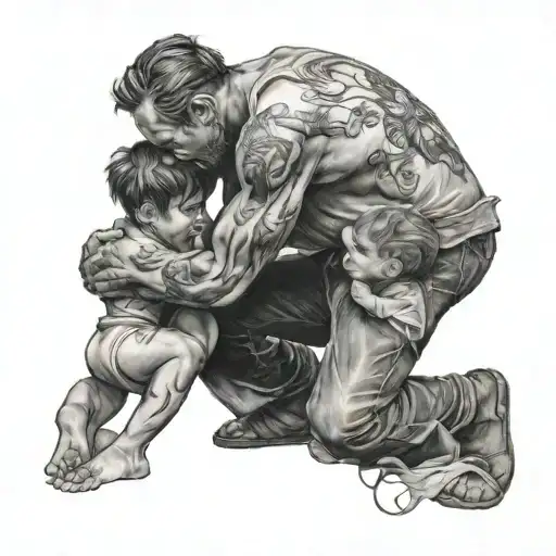 man kneeling down with two children surrounded all rear facing tattoo design idea