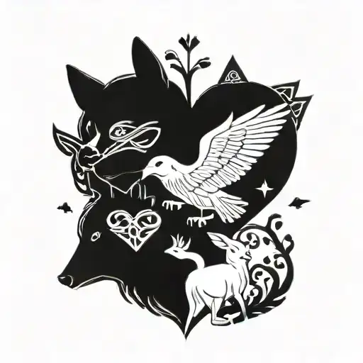 A tattoo design of a family of animals, each representing a member of the client's family, surrounded by symbols of love and unity tattoo design idea