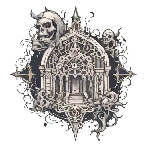 i would like a gothic cathedral with dark skies with clouds of skull faces and with a ground mist demon faces but when y tattoo design idea