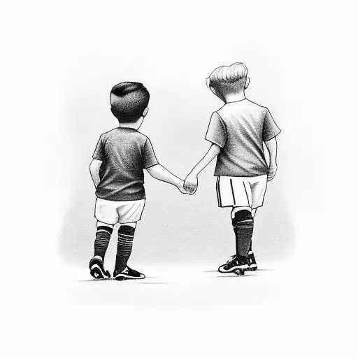 A kid holding his grandfathers hand on a soccer field tattoo design idea