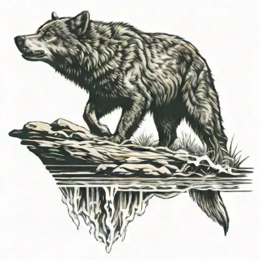 Wolf howling at moon background bear catching salmon in river foreground tattoo design idea