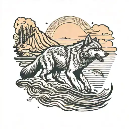 Wolf howling at moon background bear catching salmon in river foreground tattoo design idea