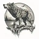 Wolf howling at moon background bear catching salmon in river foreground tattoo design idea