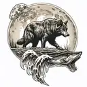 Wolf howling at moon background bear catching salmon in river foreground tattoo design idea
