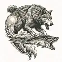 Wolf howling at moon background bear catching salmon in river foreground tattoo design idea