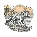 Wolf howling at moon background bear catching salmon in river foreground tattoo design idea