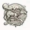 Wolf howling at moon background bear catching salmon in river foreground tattoo design idea